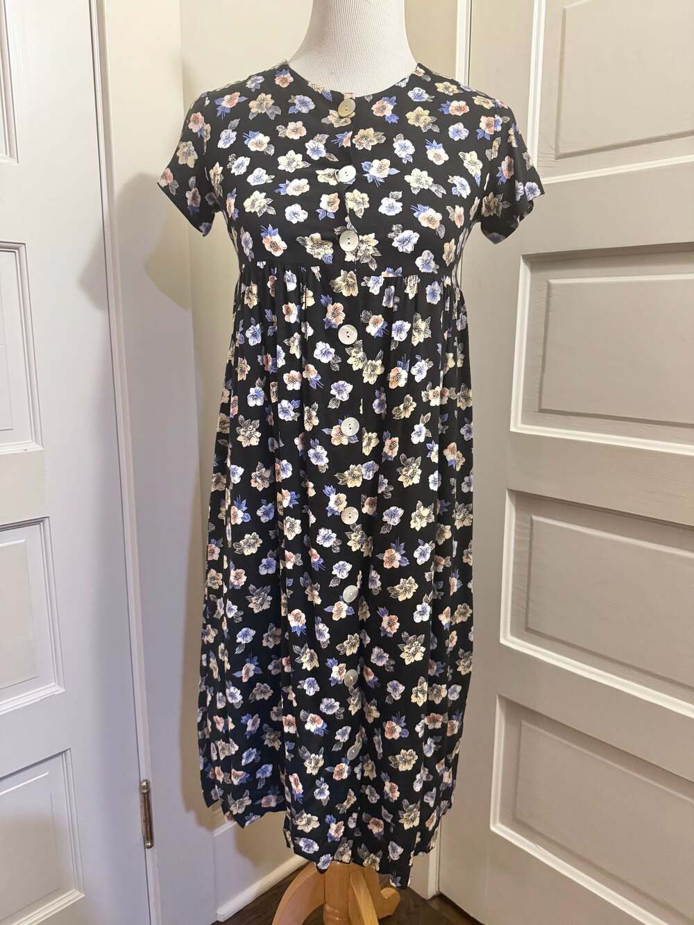 Cary Vintage Black Floral Print Rayon Button Front Empire Waist Midi Dress